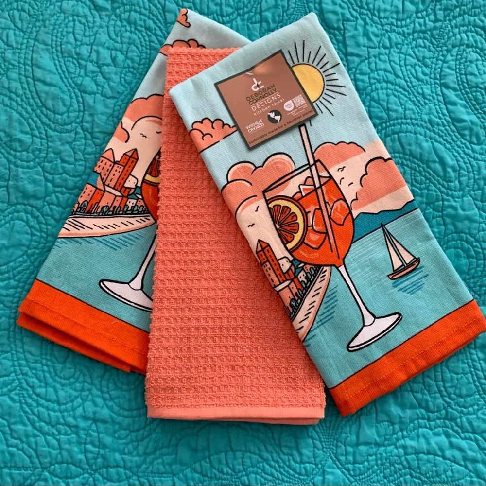 Orange and Blue Kitchen Towels Sangria Sailboat Beach Lake Cocktail Citrus